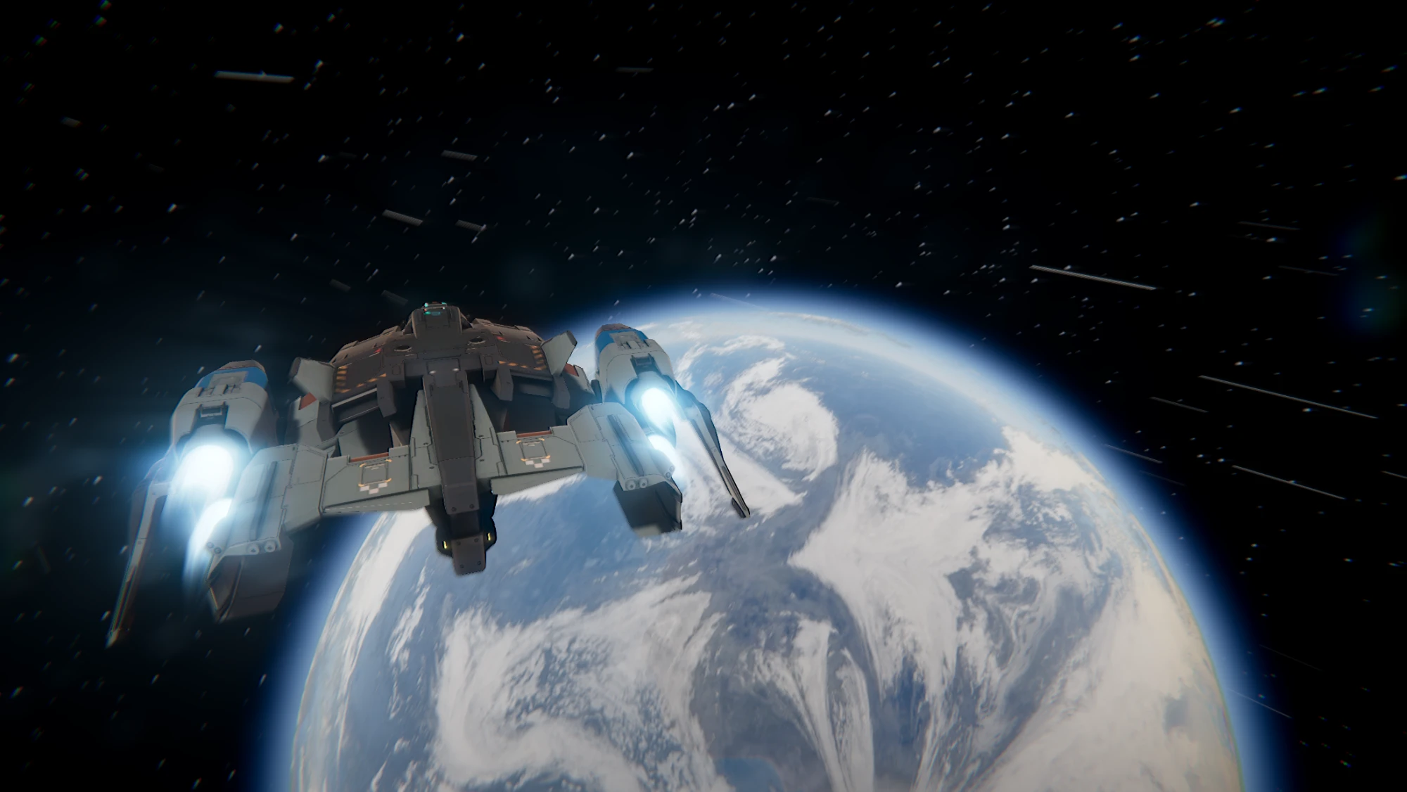 A ship with engines lit above a clouded blue planet
